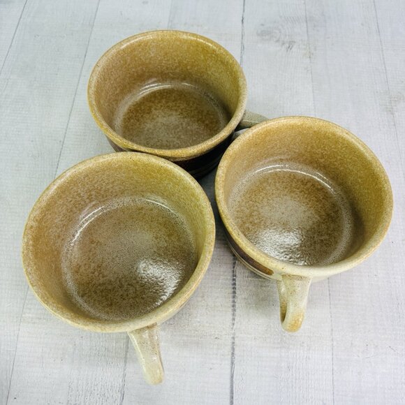 Pottery Craft USA #458 Beige Speckled Brown Stripe Ceramic Large Soup Mugs Set 3 - Picture 7 of 15